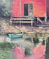 Oil painting of boat by Lea Peterson available from Portsmouth Upstairs Gallery in Portsmouth, NH, February 2024, 022824