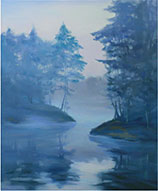 Trees in fog painting by Alisa Onipchenko, title Blue fog, available from Zatista.com, 050222