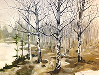 Birch grove painting by Kathryn Field available from Patricia Ladd Carega Gallery in Center Sandwich, New Hampshire, May 2022, 042922