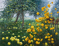 Flower and apple painting by Elena Barkhatkova, title, Foggy Morning available from Zatista.com, 102322
