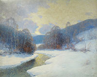 Winter landscape painting by Ernest Albert available from Vose Galleries in Boston, February 2023, 011223