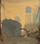 Watertower painting by Nanci Erskine, title, Gathering, available from Zatista.com, 042423