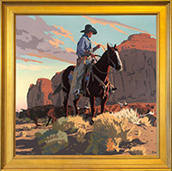 Cowboy on horseback painting by Billy Schenck available from Broschofsky Galleries, Ketchum, Idaho, December 2024, 120324