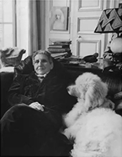 Black and white photograph of Gertrude Stein and Poodle by Horst P. Horst on exhibition at Petter Fetterman Gallery in Santa Monica, CA, December 7 - March 1, 2025, 112924