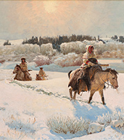 Horseback riders in snow, painting by John Clymer on exhibition at Western Spirit: Scottsdale's Museum of the West in Scottsdale, AZ, through October 26, 2025, 111824