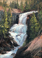 Waterfall painting by Shirl Ireland available from Elk River Art in Gardiner, MT, January 2025, 121724