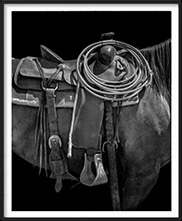 Black and white photograph of Horse and Saddle by Beau Simmons available from Christopher Martin Gallery in Dallas, Texas, January 2025, 010425