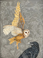 Owl and Crow painting by Martha Worthy available from Lark and Key in Charlotte, NC, February 2025, 010525