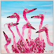 Humorous painting of Flamingos by Moogly on exhibition at Morton Contemporary in Philadelphia, Pennsylvania, July 2025, 090225