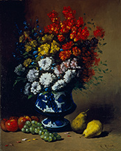 Floral Still Life with Pears on a Ledge by Garmain Thaodore Ribot available from Guarisco Gallery in Washington, DC, November 2025, 111425