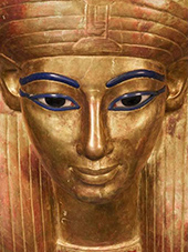 Gold coffin lid in Treasures of the Pharaohs at de Young museum in San Francisco California August 1 to January 31 2027